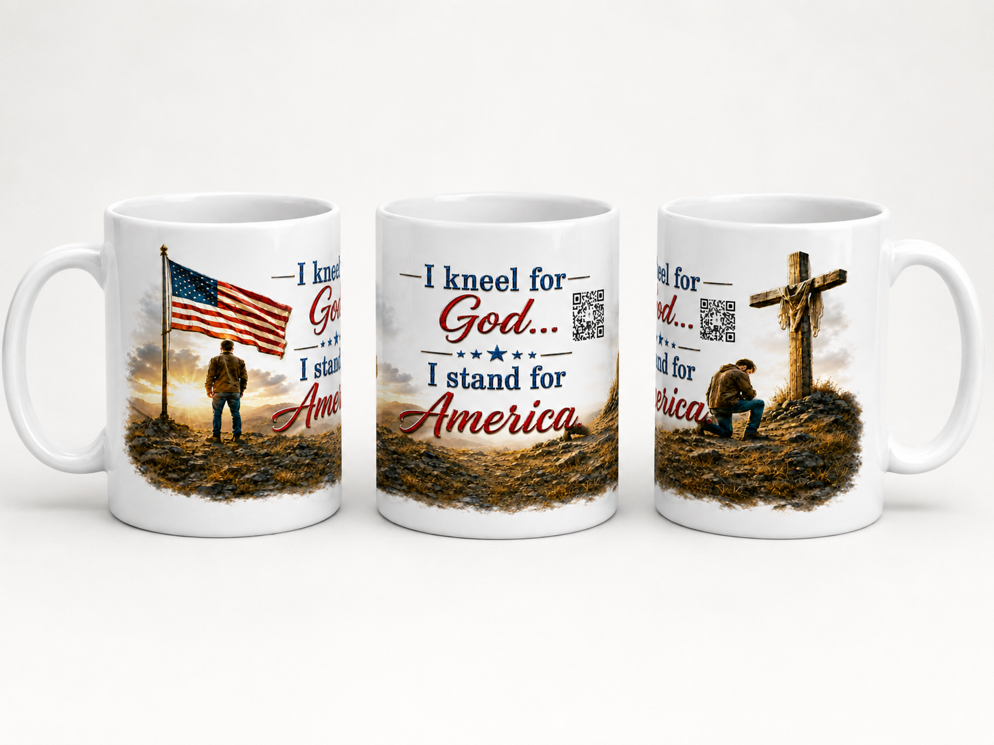 Kneel for God, Stand for America mug three-view